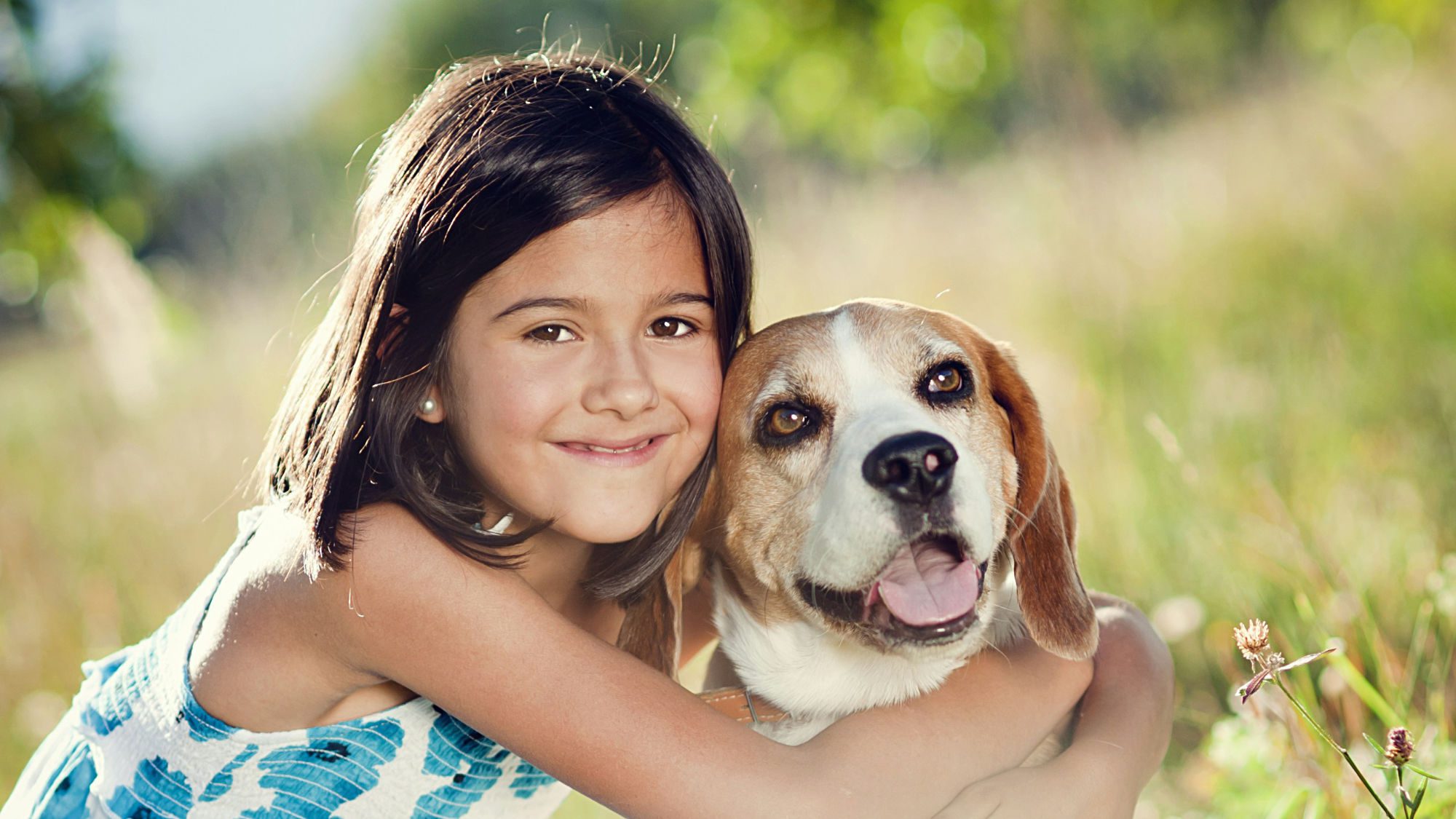 Little girl with her arms around a dog