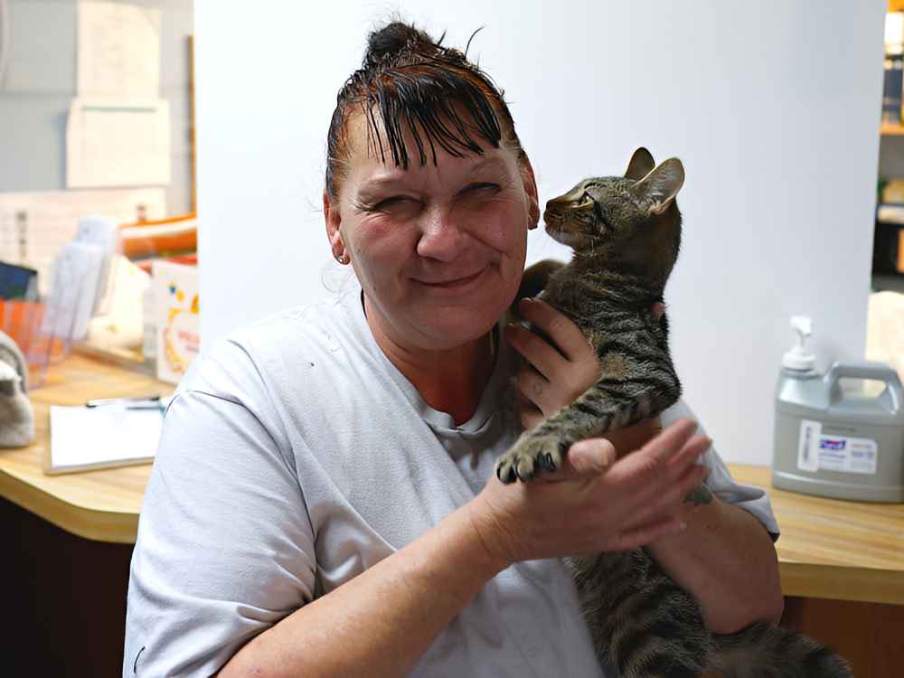 Tammy Goolsby, Feline Technician getting the scoop from a resident kitty