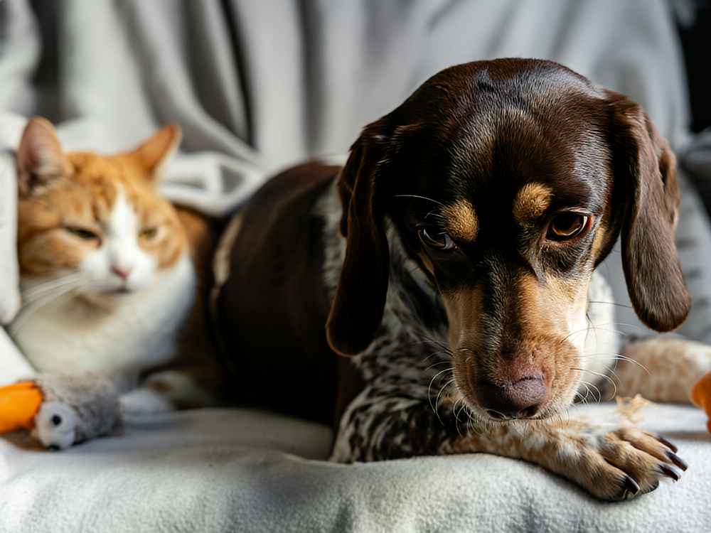 Kitty and puppy on a couch